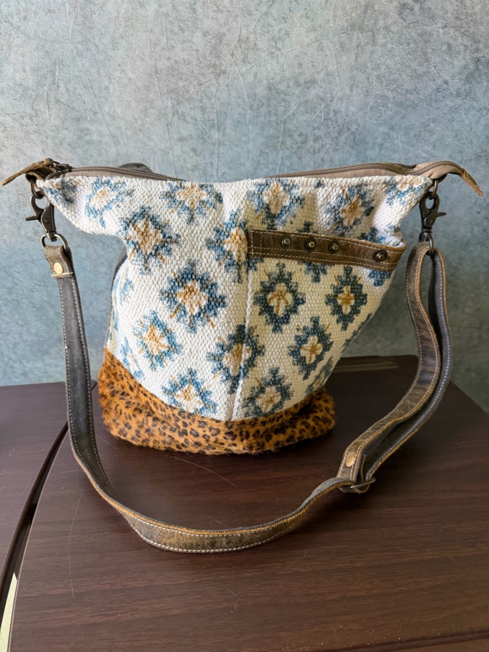 Myra Bag Cream Woven Shoulder Bag with Blue & Gold Accents and Leopard Base